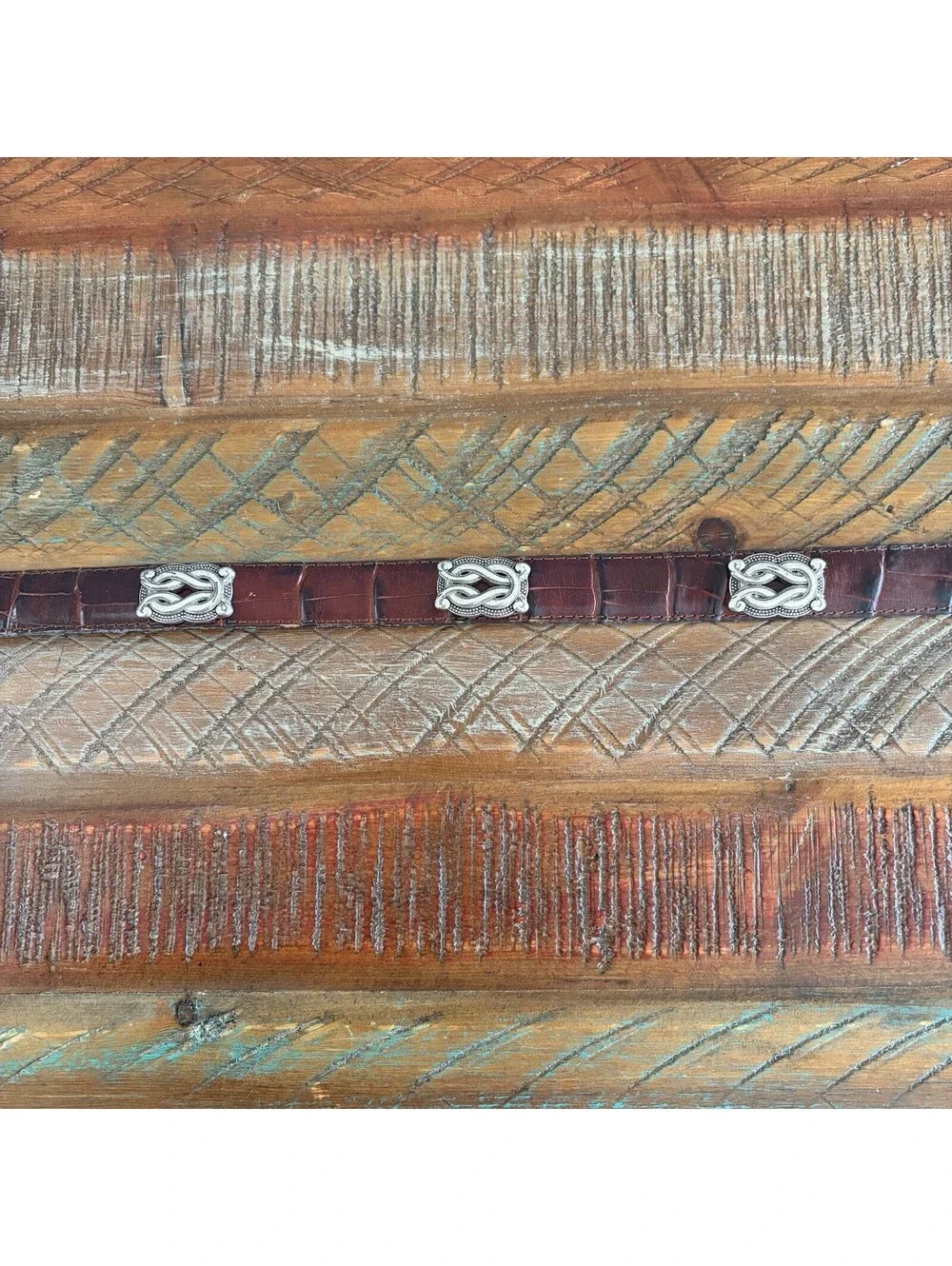 Women’s 29in Croc Embossed Leather Silver Tone Conchos Belt Brown Western Boho